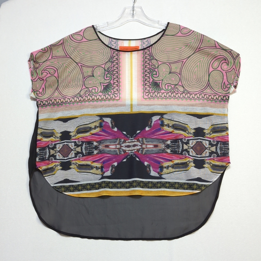 Clover Canyon Women Sm Paisley Vintage Car Print High Low Sheer Hem Blouse 551